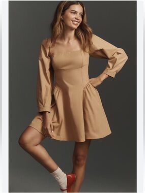 Anthropologie Camel/Tan Square-Neck Poplin Mini Dress